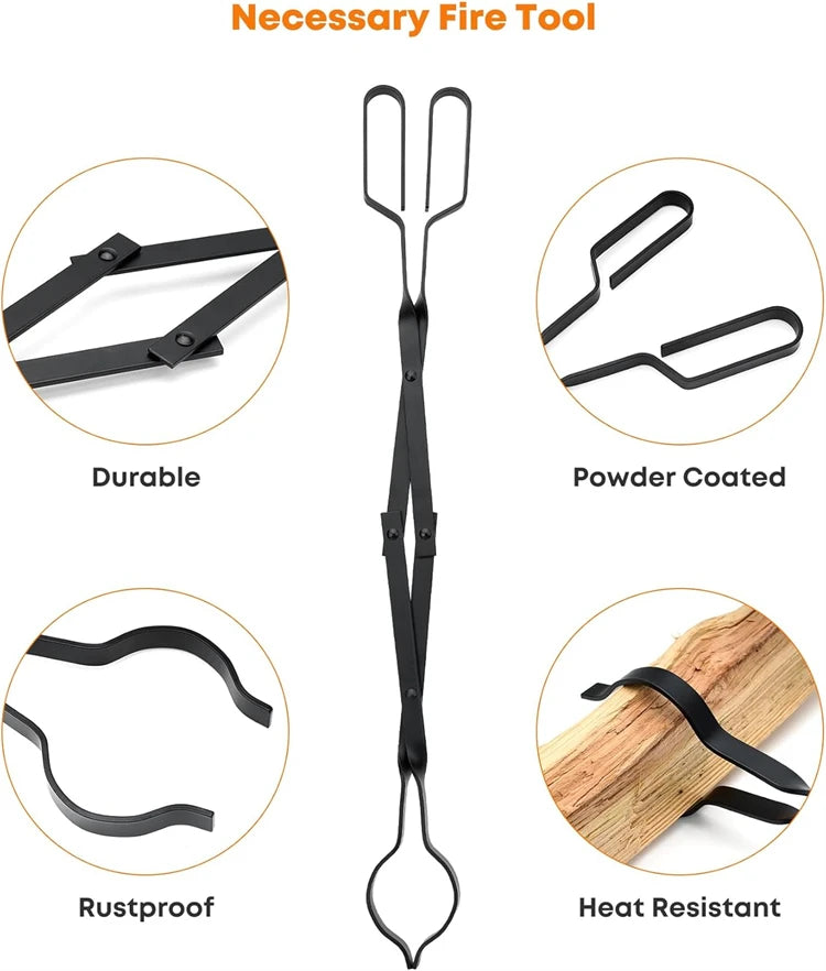 Firewood Tongs & Fire Poker Set with Wooden Handles – Rustproof Campfire & Fire Pit Set – Perfect for Fireplaces, Fire Pits & Campfires – Available as Tongs, Poker, Forks or Full Set