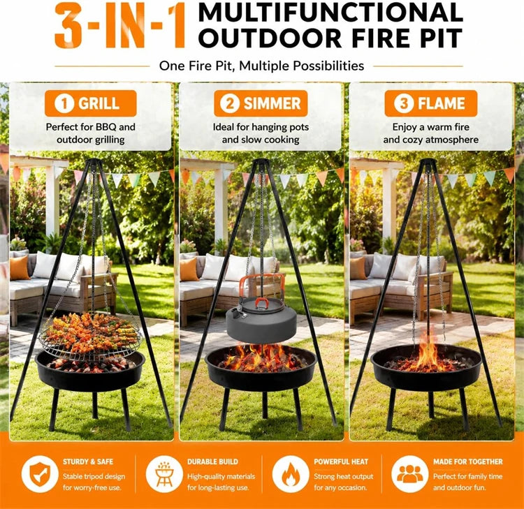Campfire Tripod Grill with Barbecue Basin – Steel Camping Firepit Cooking Rack & Lantern Hanger – Best for Outdoor Cooking & Camping