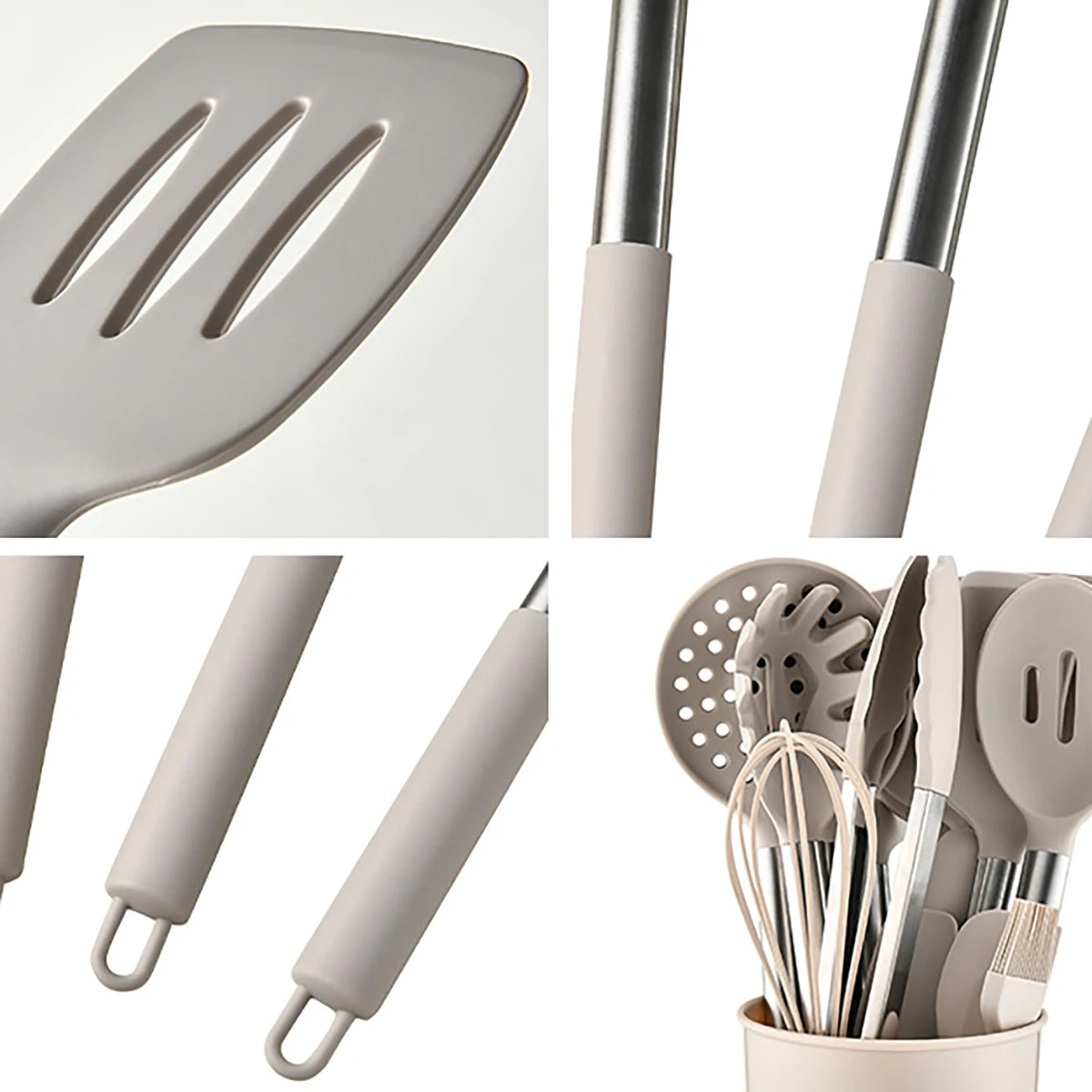 15-Piece Silicone Kitchen Utensils Set – Heat-Resistant Spatulas, Spoons, Turners, Brush, and Whisk, Perfect for Non-Stick Cookware,Available in Black, Grey & Khaki