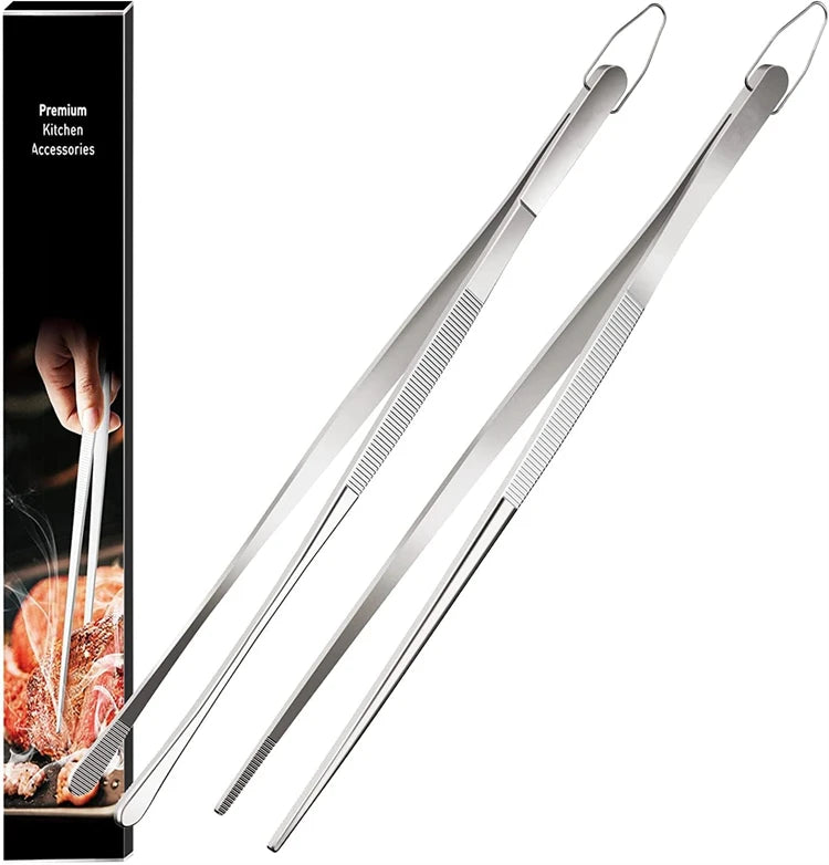 2 Piece Stainless Steel Kitchen Tweezers – Heavy Duty Chef Cooking Tongs – Ideal for Plating, Grilling & Precise Cooking – Available in 10 Inch & 12 Inch