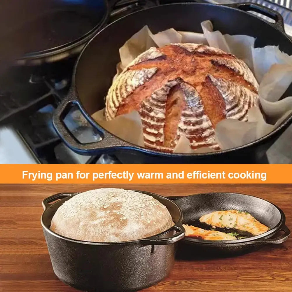 Pre-Seasoned Cast Iron 2-in-1 Dutch Oven Pot & Skillet – Multi-Purpose Cookware Set with Dual Handles for Baking Bread, Frying, Stewing, Camping & BBQ