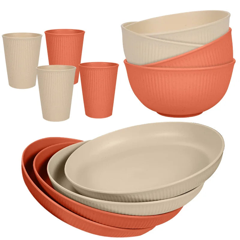 12 Piece Wheat Straw Dinnerware Set – Reusable Unbreakable Plates & Bowls – Perfect for Family Meals, Picnics & Camping