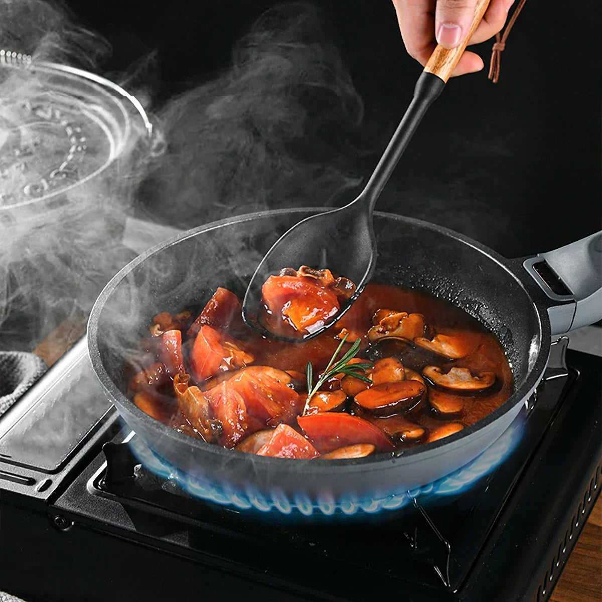 Silicone Kitchen Utensil Set with Wooden Handles