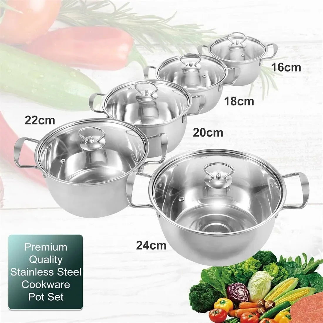 5 Piece Stainless Steel Pot Set with Sealed Glass Lids – Satin-Finish Induction Pots with Inner Scale – Perfect for Soups, Pasta & Vegetables