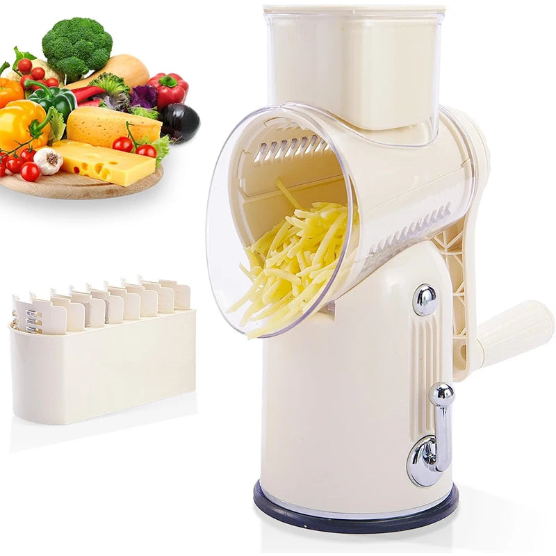 5-in-1 Rotary Cheese & Vegetable Grater with Handle & Suction Base – Multifunctional Manual Drum Grater (Available in Ivory and Light Green))