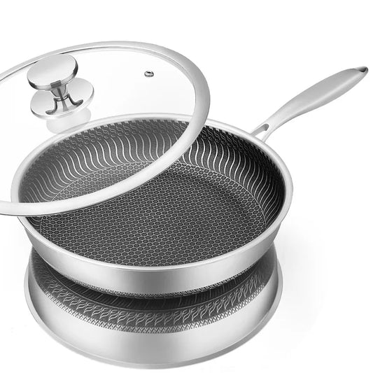 Honeycomb Stainless Steel Frying Pan – Tri-Ply Non-Stick Skillet for Searing, Stir-Frying & Daily Cooking – Works on All Stovetops – Available in 26cm (with/without lid), 28cm (with/without lid), and 30cm (without lid)