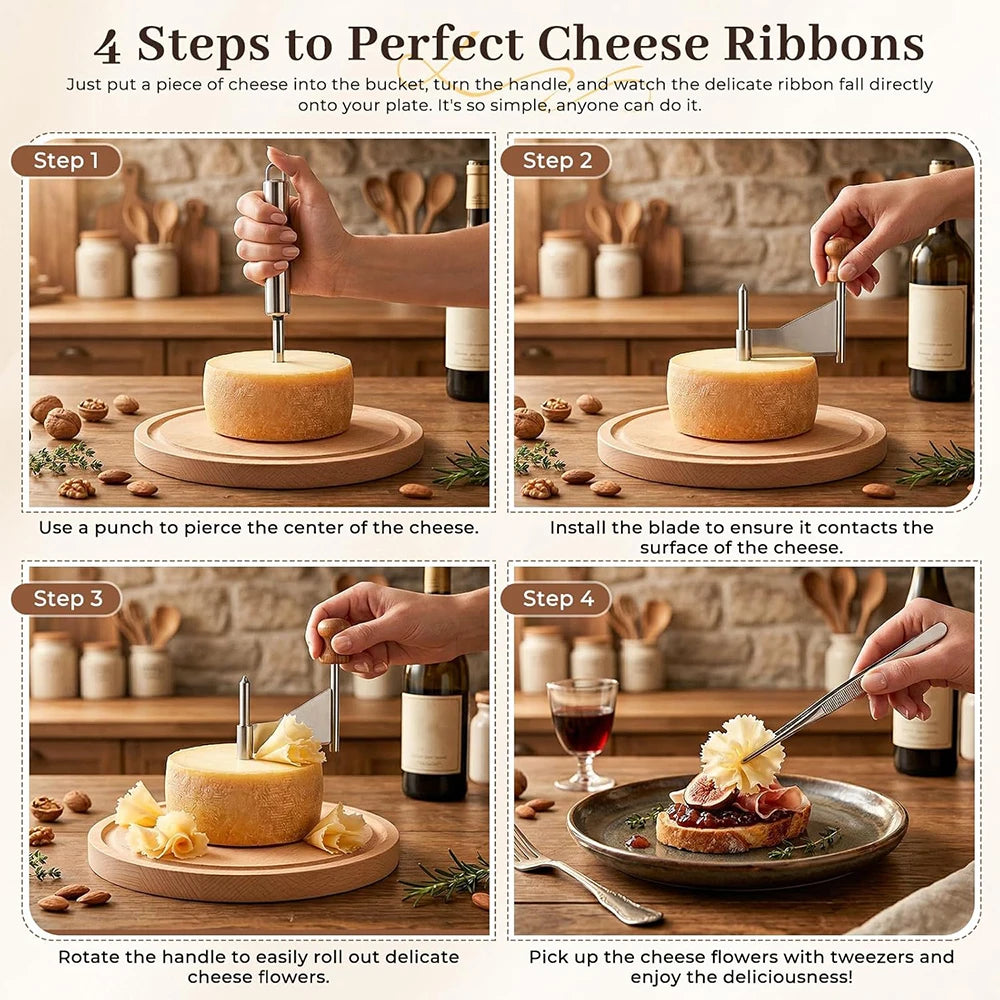 Stainless Steel Cheese Curler Wheel with Wooden Base – Rotary Cheese Shaver & Flower Slicer – Great for Cheese, Chocolate & Butter Curls