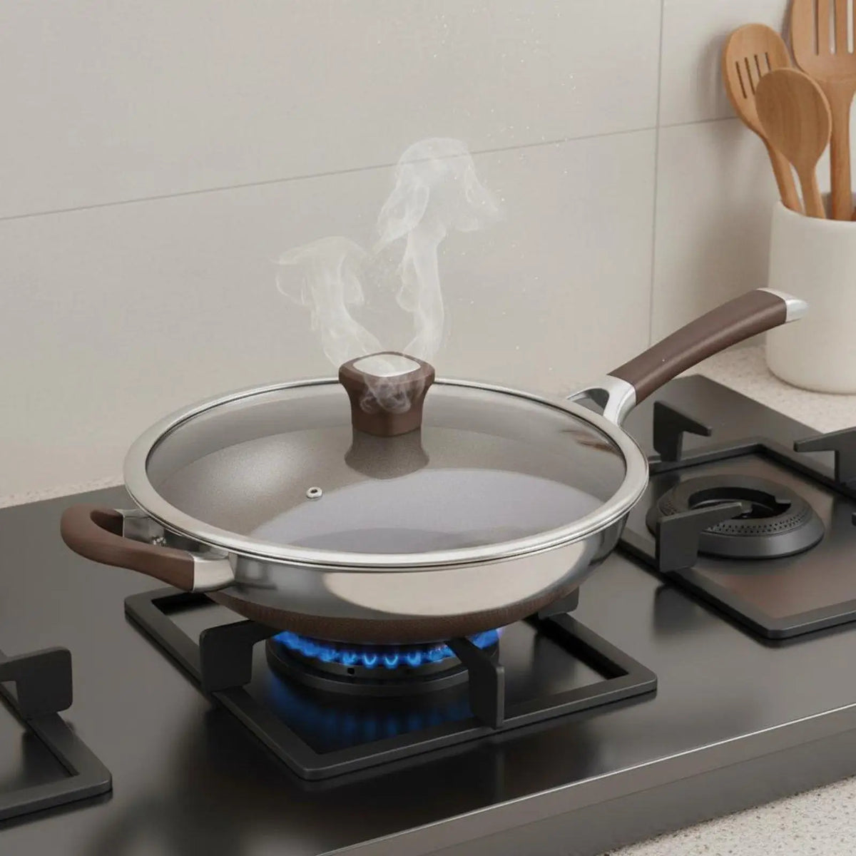 Titanium Non-Stick Frying Pan with Glass Lid – 304 Stainless Steel Large Skillet for Induction – Great for Family Stir-Fries & Searing – Available in 32cm & 34cm
