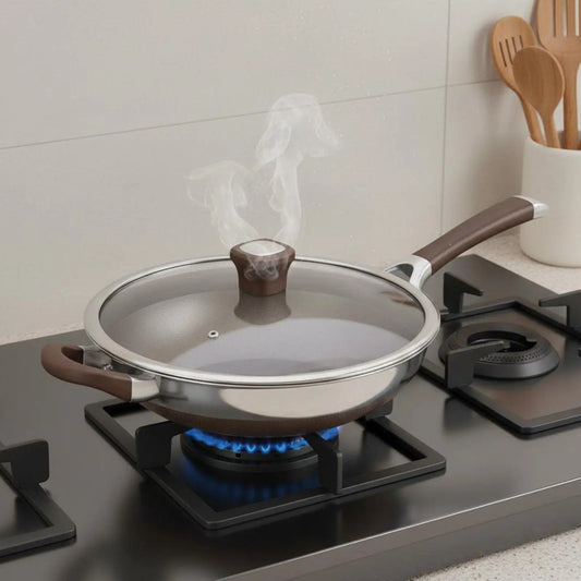 Titanium Non-Stick Frying Pan with Glass Lid – 304 Stainless Steel Large Skillet for Induction – Great for Family Stir-Fries & Searing – Available in 32cm & 34cm