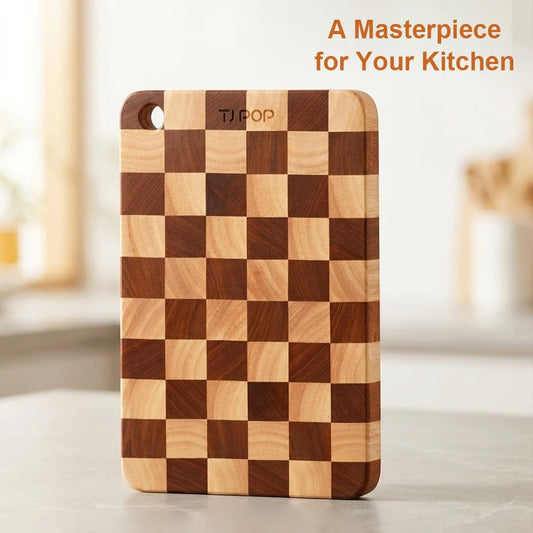 Checkered Wooden Chopping Board – Thick Rubberwood Cutting Board with Hanging Hole – Great for Meat, Cheese & Bread (34 x 22cm)