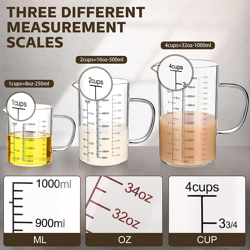 Borosilicate Glass Measuring Jug with Handle & V-Shaped Spout – Clear Scale Measuring Cup – Best for Baking, Liquids & Microwave Use – Available in 400ml, 500ml, 600ml & 1000ml