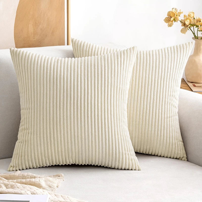 2 Piece Corduroy Striped Throw Pillow Cases 45x45cm – Soft Plush Decorative Cushion Covers – Great for Sofas, Beds & Living Rooms