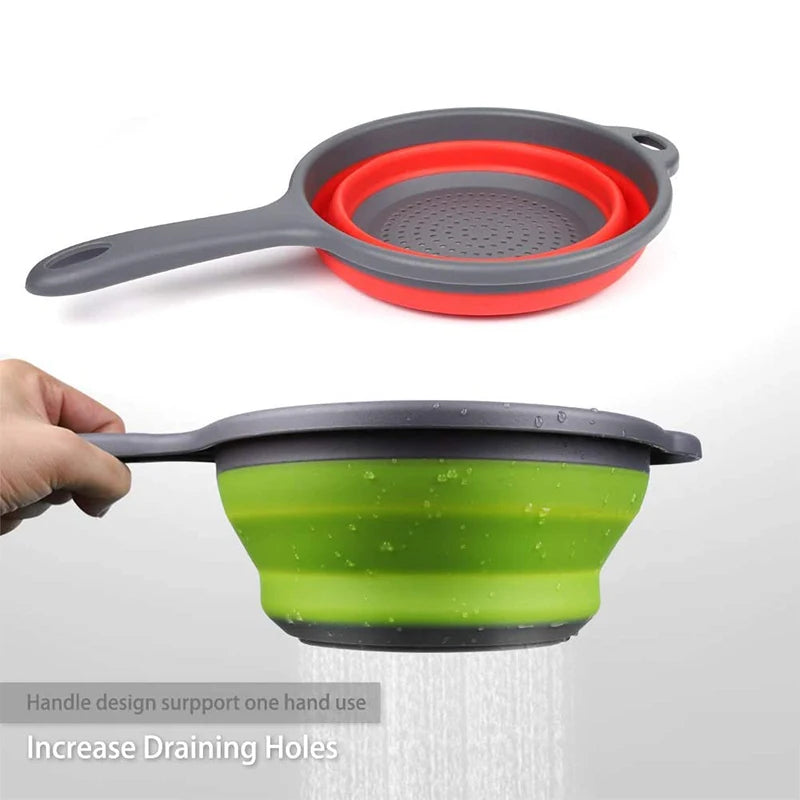 Collapsible Silicone Colander with Handle – Folding Strainer for Pasta, Vegetables & Fruit – Ideal for Small Kitchens, Caravans & Camping – Available in Green, Orange, Blue & Red Colours