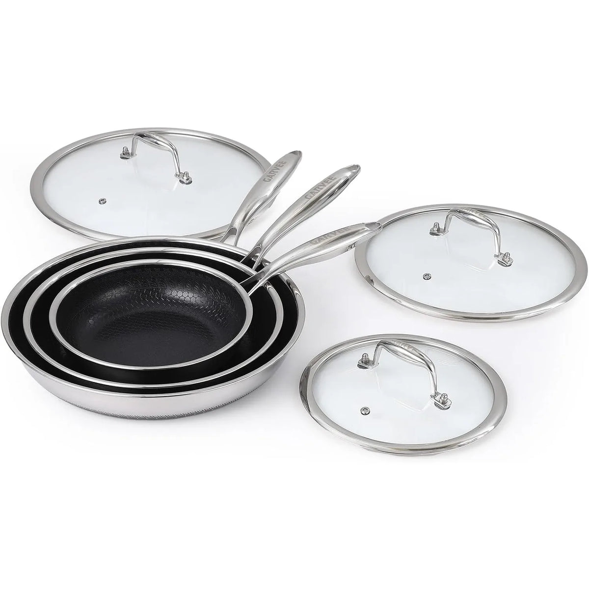 Honeycomb Stainless Steel Non-Stick Frying Pan Set with Glass Lids – 6 Piece 3-Ply Induction Skillets 20cm, 25cm & 30cm – Perfect for Frying, Braising & Family Cooking