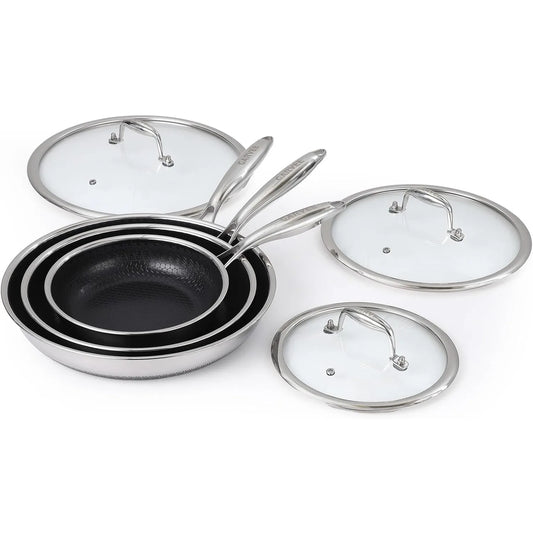 Honeycomb Stainless Steel Non-Stick Frying Pan Set with Glass Lids – 6 Piece 3-Ply Induction Skillets 20cm, 25cm & 30cm – Perfect for Frying, Braising & Family Cooking