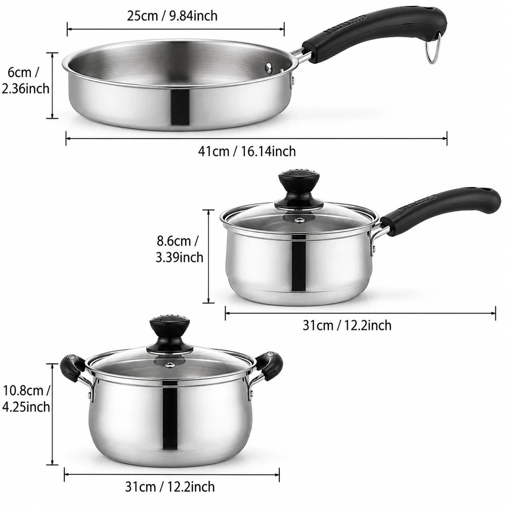 3 Piece Stainless Steel Cookware Set – Frying Pan, Saucepan & Stock Pot with Glass Lid – Ideal for Induction, Gas & Everyday Cooking (18cm)