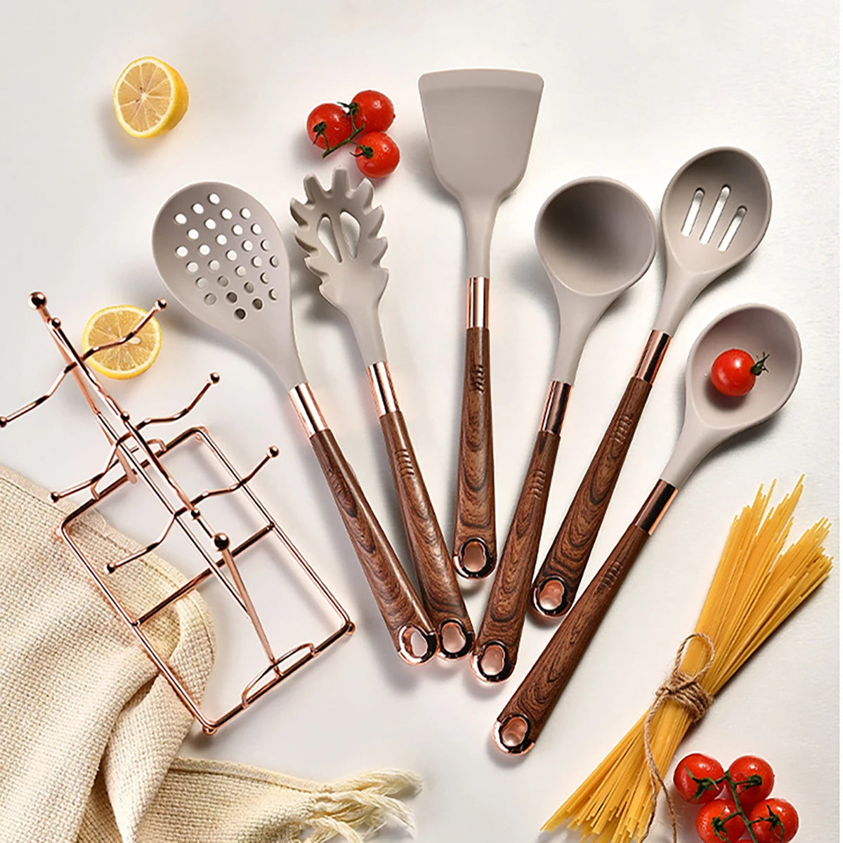 7-Piece Silicone Kitchen Utensil Set – Rose Gold Accents with Wood-Pattern Handles, Heat-Resistant for Non-Stick Cookware