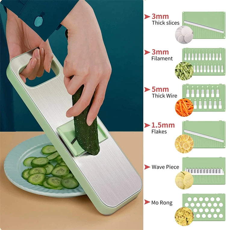 6 in 1 Mandoline Vegetable Slicer with 6 Interchangeable Stainless Steel Blades – Julienne Shredder & Veggie Slicer – Perfect for Salads & Meal Prep – Available in Light Green & Light Grey Colours