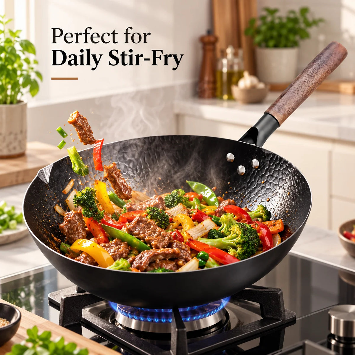 Iron Wok with Wooden Lid – Uncoated Carbon Steel Stir-Fry Wok, Restaurant Style – Ideal for Gas, Electric & Induction Hobs (32cm)