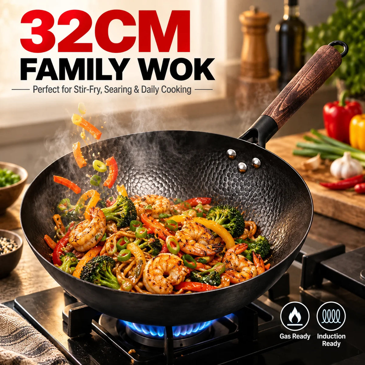 Pure Iron Wok with Wooden Cover – Non-Coated Round Stir-Fry Wok for Gas & Induction – Great for Stir-Fries & Family Meals (32cm)