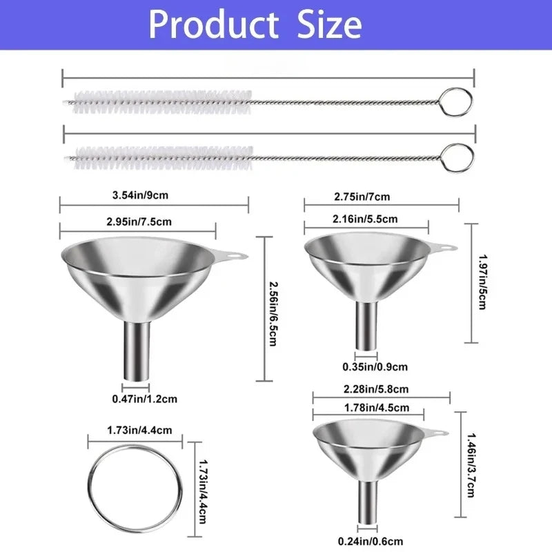 Stainless Steel Kitchen Funnel Set with Cleaning Brush – Food-Grade Funnels for Filling Bottles & Jars – Perfect for Oils, Sauces & Liquids – Available in 3 & 5 Piece Sets
