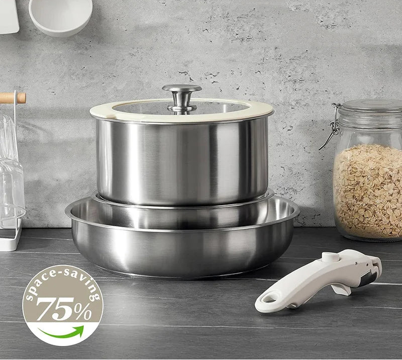 7 Piece Stainless Steel Cookware Set with Detachable Handle – 20cm & 25cm Frying Pans & 2QT Saucepan – Great for Stove to Oven & Space-Saving Storage