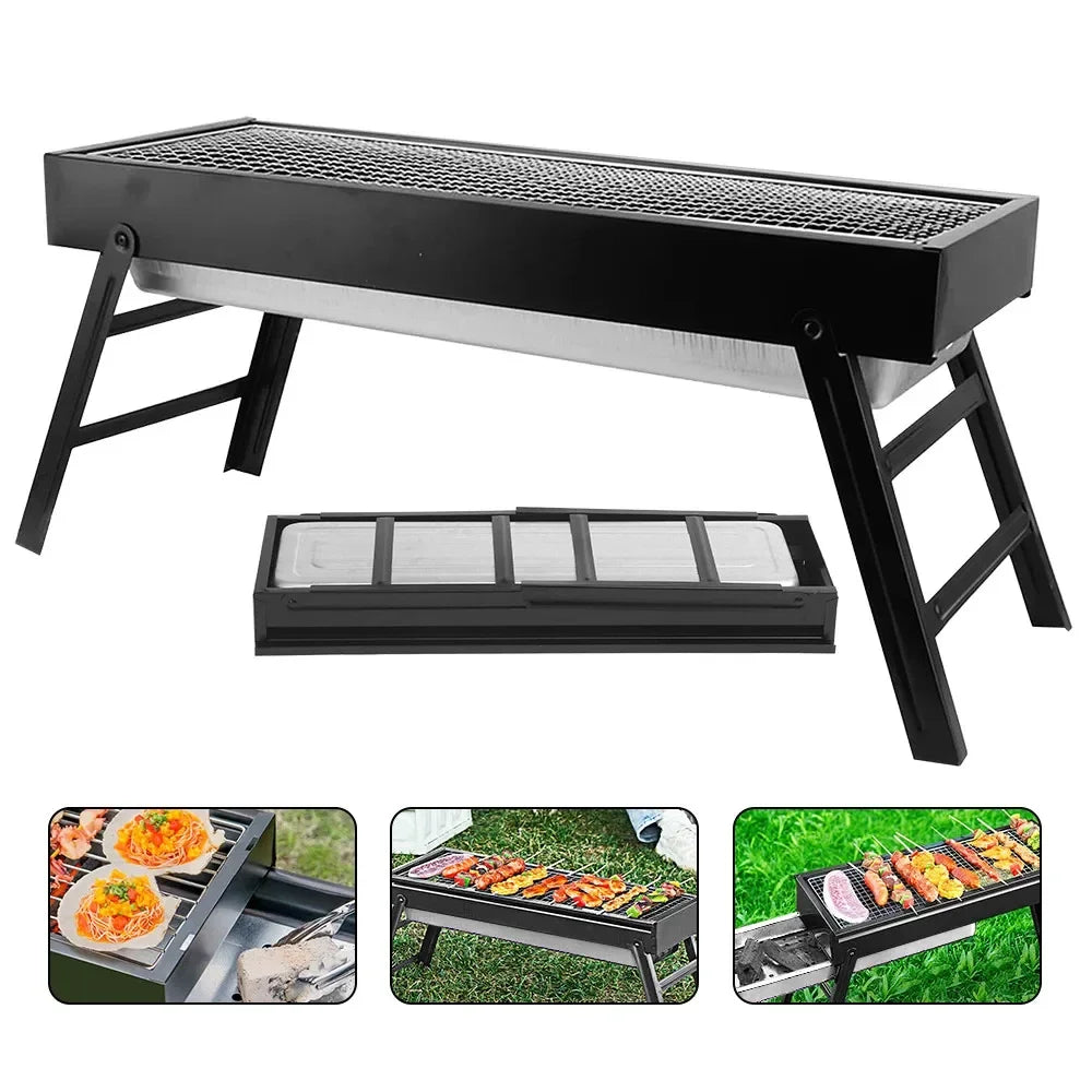 Portable Folding Charcoal BBQ Grill – Compact Stainless Steel Camping Barbecue – Perfect for Picnics, Garden & Travel (60 x 22.5 x 32cm)