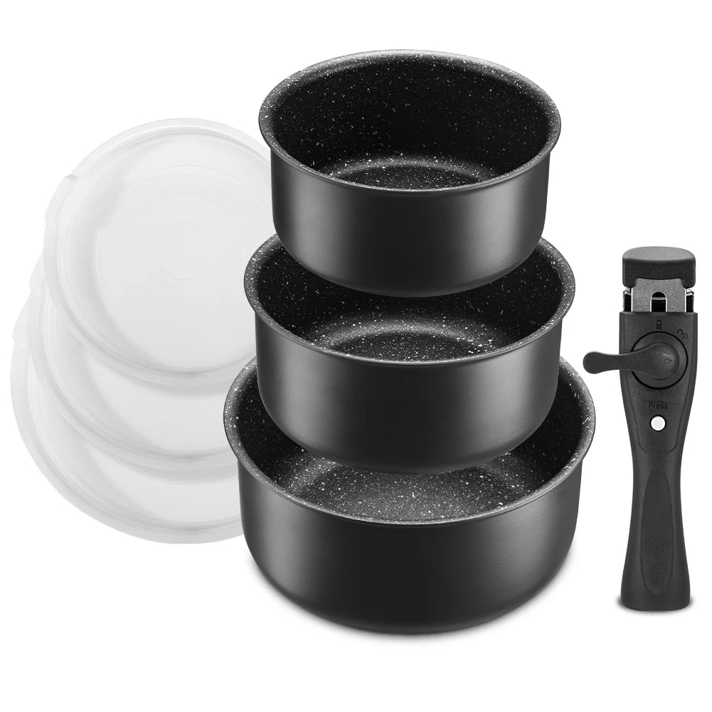 Non-Stick Saucepan Set with Detachable Handle & Fridge-Safe Sealing Lids – Durable PFOA-Free Black Aluminium Cookware for Soup, Sauces, Curries, Boiling, Simmering, Frying & Daily Cooking, Oven Use & Compact Storage