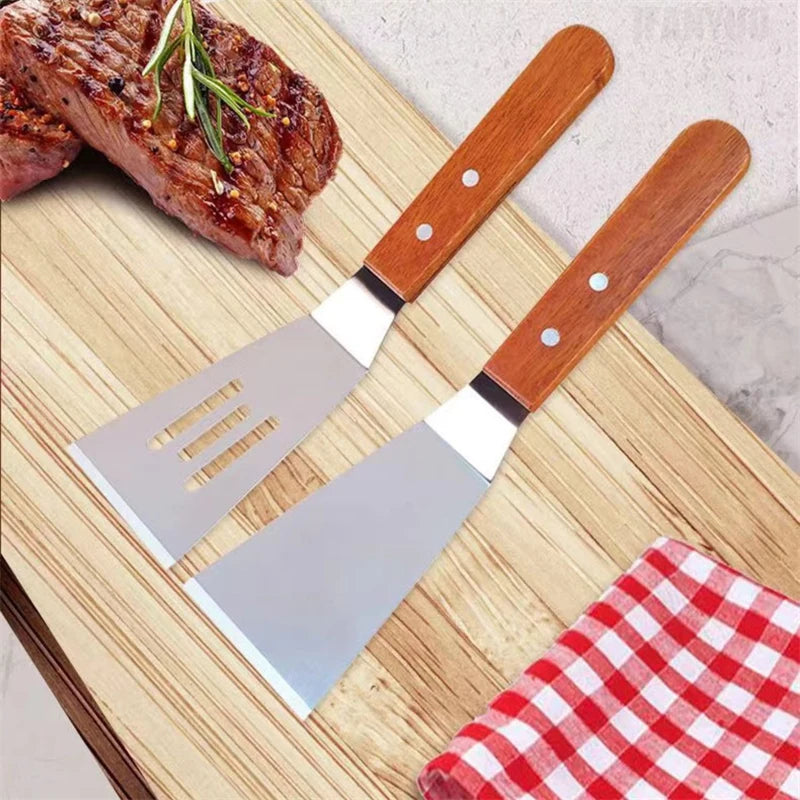 Stainless Steel Griddle Spatula & Grill Scraper with Wooden Handle – Square Head Burger Turner & Pizza Shovel – Perfect for BBQ, Steaks & Pancakes