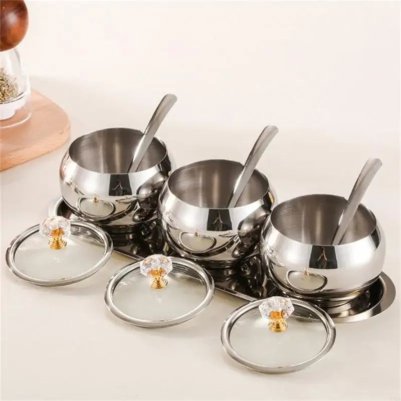 Stainless Steel Spice Jar Set with Tray 3pcs sliver