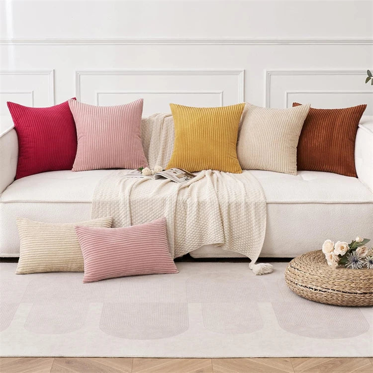 2 Piece Corduroy Striped Throw Pillow Cases 45x45cm – Soft Plush Decorative Cushion Covers – Great for Sofas, Beds & Living Rooms