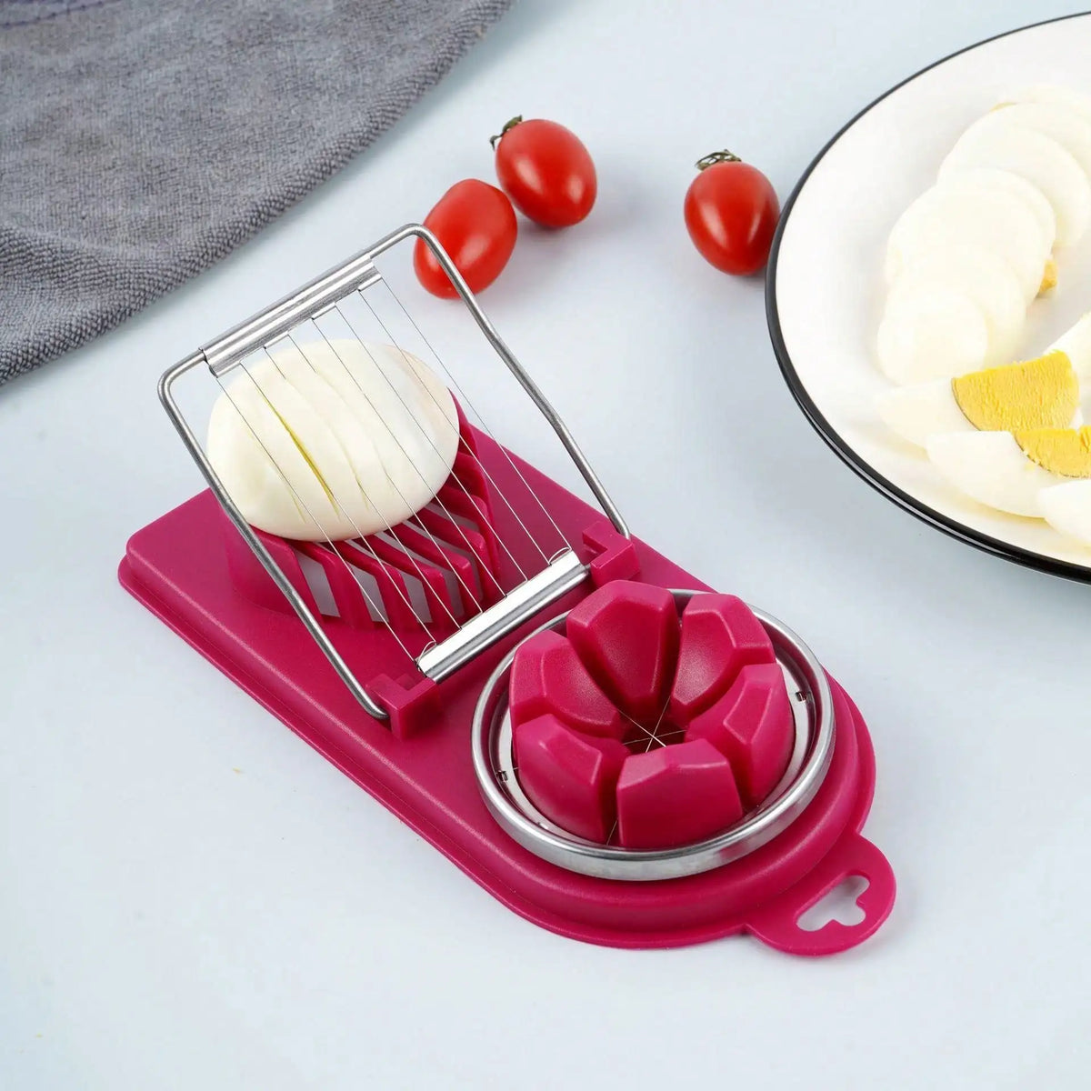 2-in-1 Egg Slicer & Wedger – Stainless Steel Wire Egg Cutter with Hanging Hole – Best for Salads, Sandwiches & Garnishes – Available in Red & White Colours