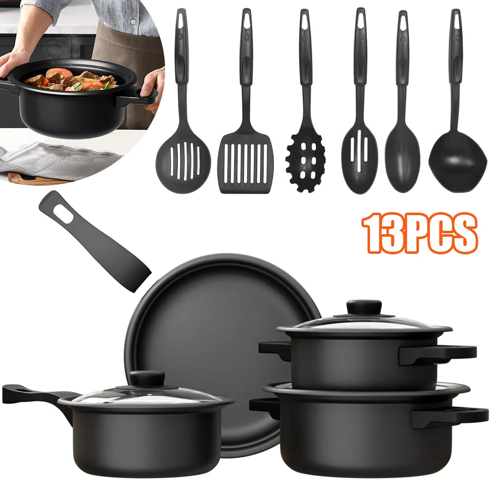 13 Piece Maifan Stone Non-Stick Cookware Set with Utensils – Skillet, Soup Pots & Saucepan with Glass Lids – Best for Gas & Induction Hobs