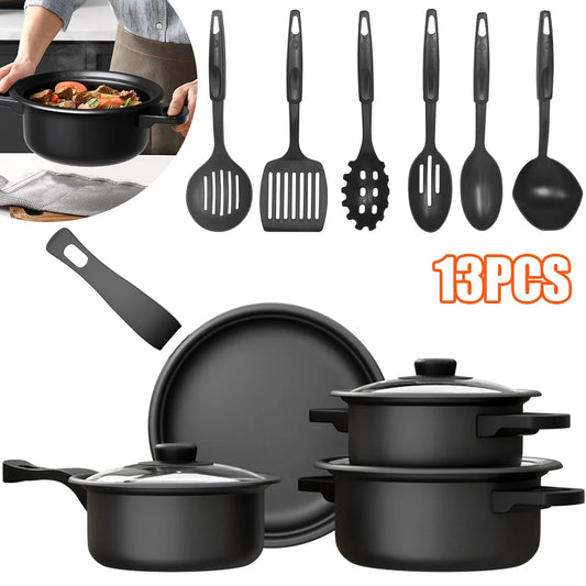 13 Piece Maifan Stone Non-Stick Cookware Set with Utensils – Skillet, Soup Pots & Saucepan with Glass Lids – Best for Gas & Induction Hobs