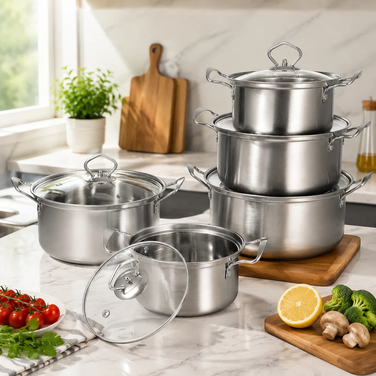5 Piece Stainless Steel Cookware Set with Glass Lids – Stock Pot, Sauce Pot & Casserole with Silver Handles – Ideal for Induction & Home Cooking