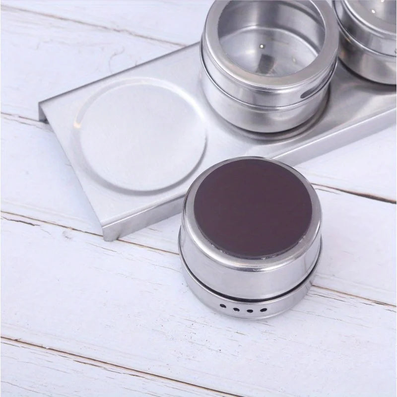 Magnetic Spice Rack Set with Steel Tin Jars – Fridge Side Spice Organiser with Clear Shaker Lids – Perfect for Saving Kitchen Space