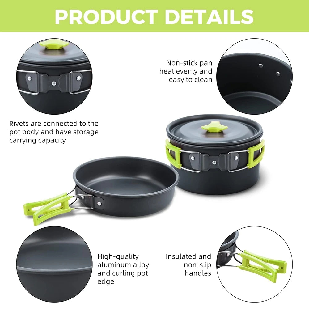 10 Piece Non-Stick Camping Cookware Kit – Aluminium Pot, Frying Pan & Kettle with Folding Handles – Great for Hiking, Picnics & Camping for 1–2 People