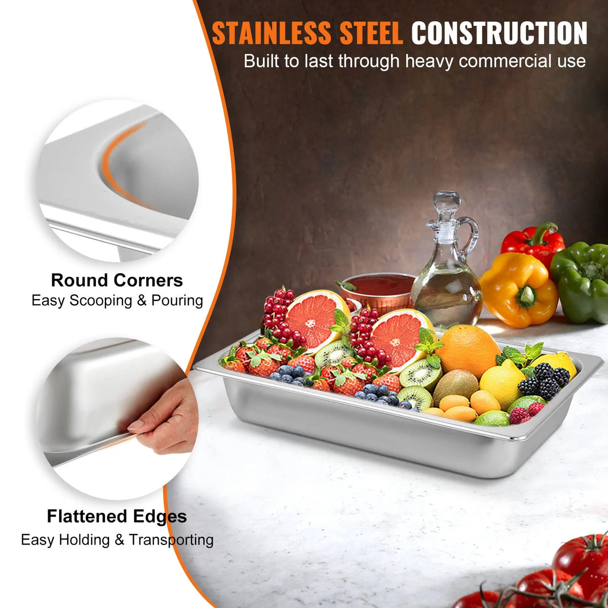 6 Pack Full Size Stainless Steel Steam Table Pans – Deep 13L Hotel & Gastronorm Food Pans – Great for Catering, Buffets & Oven Cooking