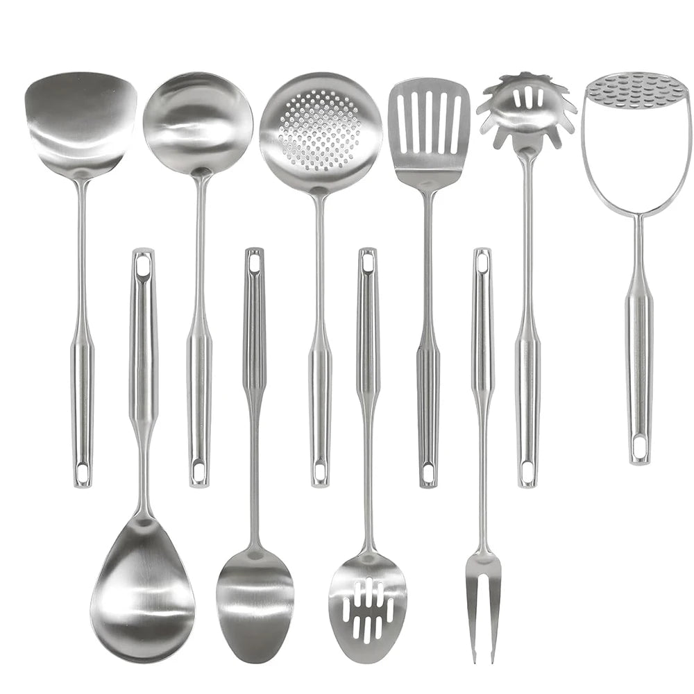 Stainless Steel Kitchen Utensils Set – Long 304 Stainless Steel Cooking Utensil Set, Includes Ladle, Whisk, Tongs, Spatula, Skimmer, Turner, Pasta Server & More, Heat-Resistant & Dishwasher Safe, Available in 3 Sizes