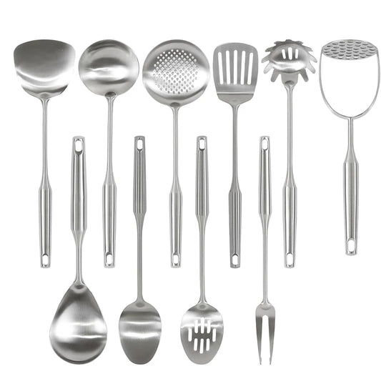 Stainless Steel Kitchen Utensils Set – Long 304 Stainless Steel Cooking Utensil Set, Includes Ladle, Whisk, Tongs, Spatula, Skimmer, Turner, Pasta Server & More, Heat-Resistant & Dishwasher Safe, Available in 3 Sizes