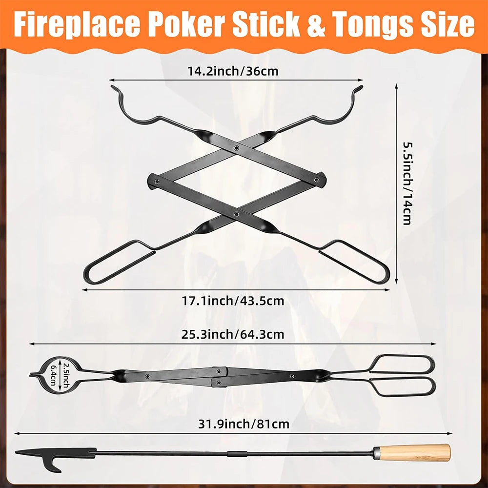 Firewood Tongs & Fire Poker Set with Wooden Handles – Rustproof Campfire & Fire Pit Set – Perfect for Fireplaces, Fire Pits & Campfires – Available as Tongs, Poker, Forks or Full Set