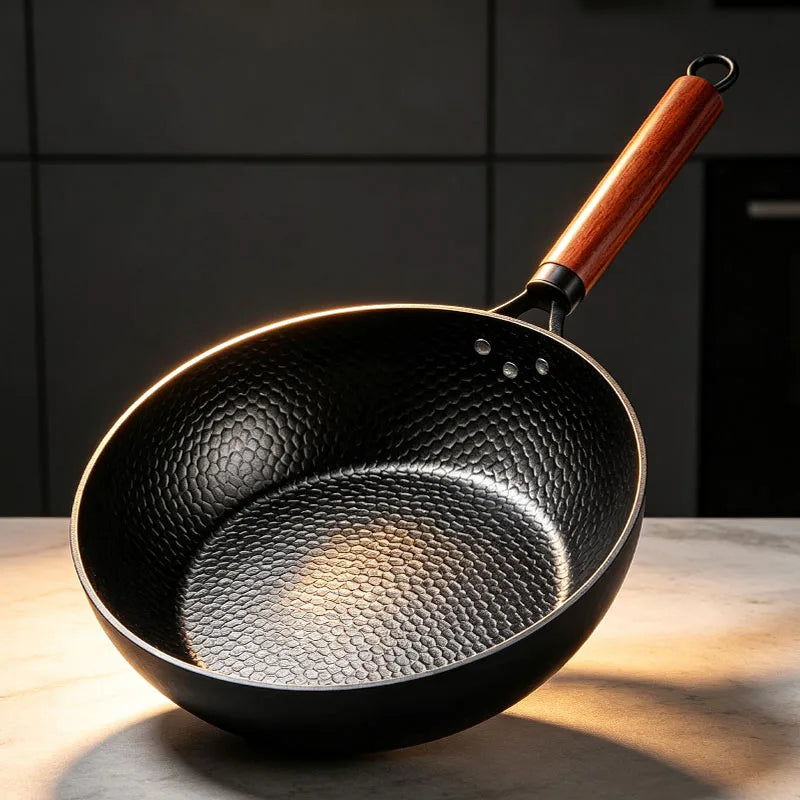 Iron Wok Pan with Wooden Handle – Uncoated Stir-Fry & Frying Pan for Gas & Induction – Great for Steaks, Pancakes & Stir-Fries (28cm)