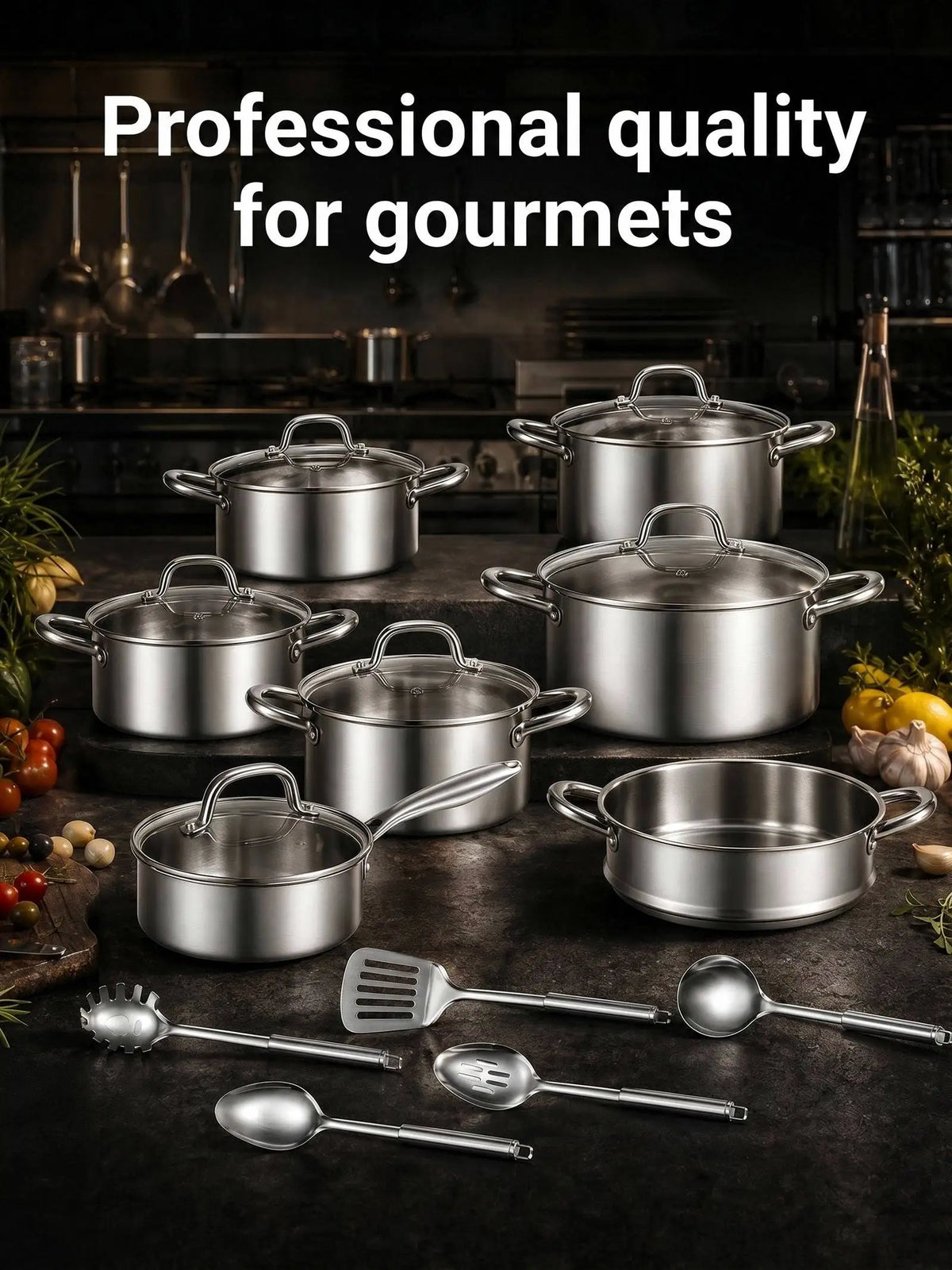 15 Piece Three-Layer Stainless Steel Pots & Pans Set with Glass Lids – Professional Frying Pans, Saucepans & Soup Pots – Perfect for Induction & Big Families
