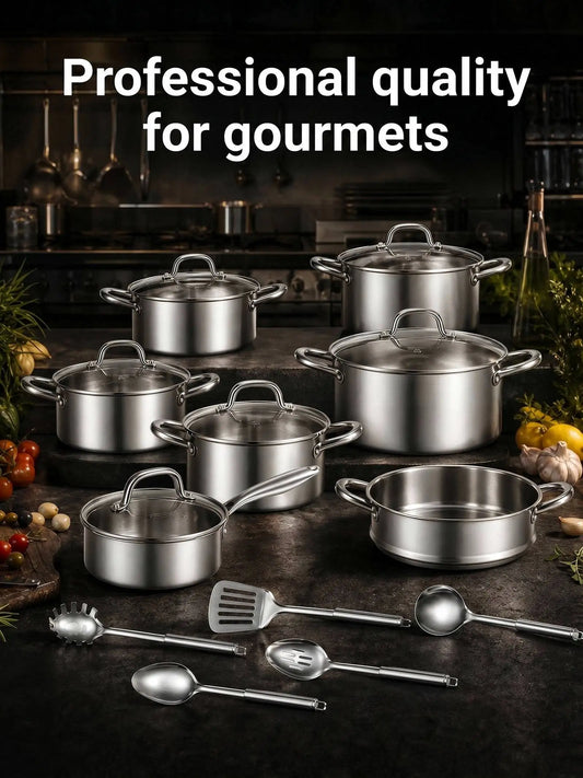 15 Piece Three-Layer Stainless Steel Pots & Pans Set with Glass Lids – Professional Frying Pans, Saucepans & Soup Pots – Perfect for Induction & Big Families