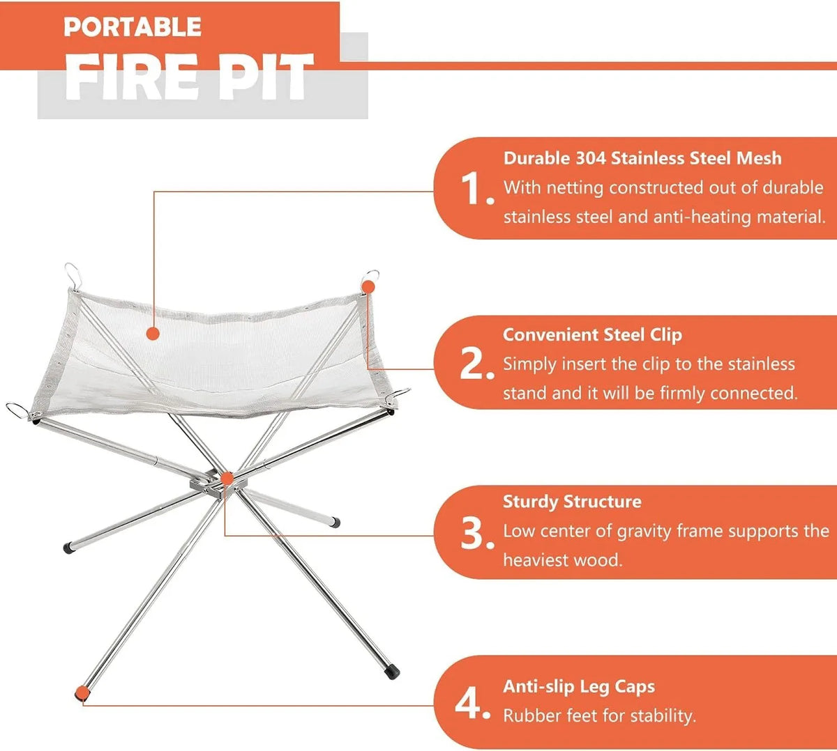 Portable Folding Fire Pit with Gloves & Carry Bag – Stainless Steel Mesh Camping Fire Bowl – Best for Bonfires, Patios & Garden Evenings