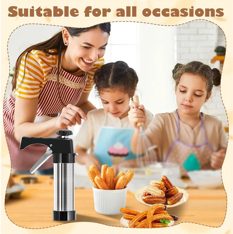 3-in-1 Stainless Steel Churro Maker & Cookie Press Kit – Spritz Biscuit Gun with Moulds – Great for Churros, Biscuits & Piped Desserts
