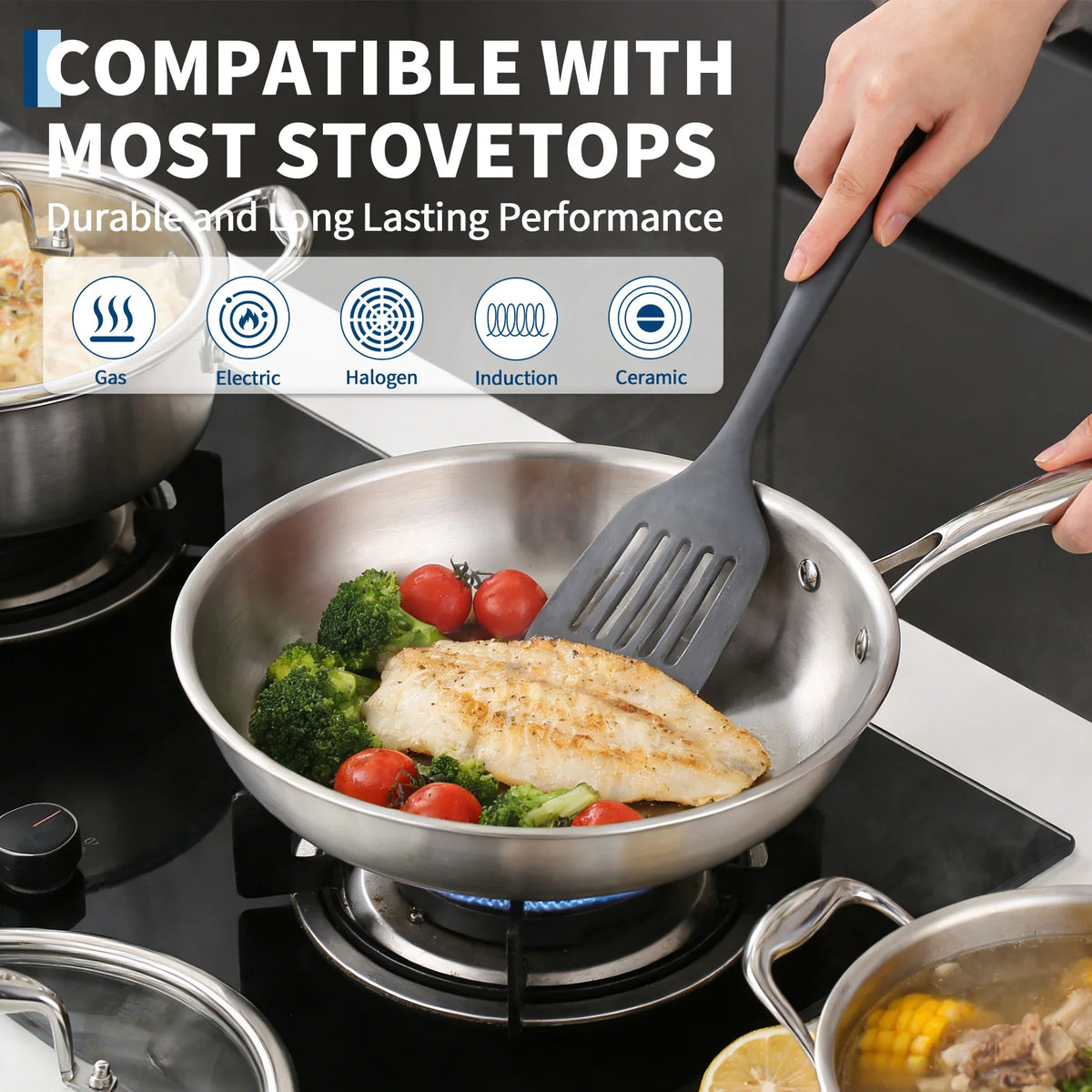 11 Piece Tri-Ply Stainless Steel Cookware Set with Lids – Professional Pots & Pans with Stay-Cool Riveted Handles – Best for Induction, Oven & Family Cooking