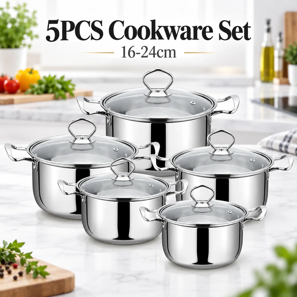 5 Piece Stainless Steel Pot Set with Sealed Glass Lids – Satin-Finish Induction Pots with Inner Scale – Perfect for Soups, Pasta & Vegetables