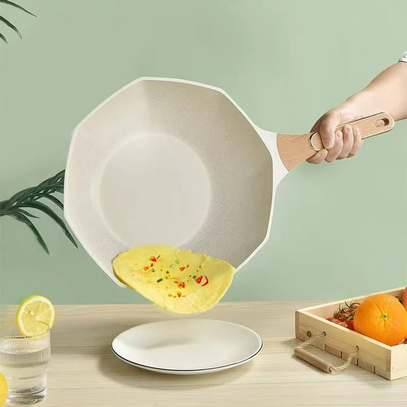 Octagonal Medical Stone Non-Stick Wok Frying Pan with Glass Lid – Deep Skillet for Stir-Fries, Sautéing, Frying, Soup, Noodles, Steak, Eggs, Pancakes & One-Pan Meals – Induction & Gas Compatible – Available in 28cm,Green & White Colour