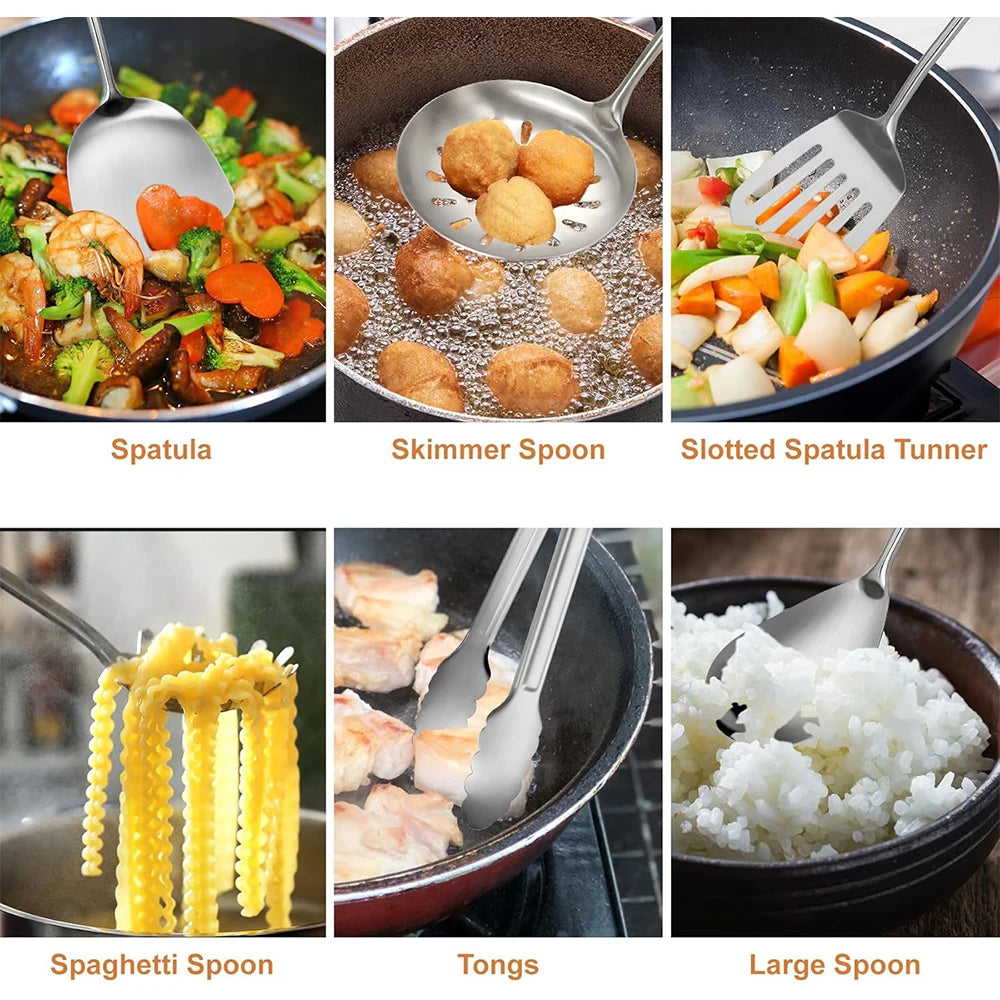 Stainless Steel Kitchen Utensils Set – Long 304 Stainless Steel Cooking Utensil Set, Includes Ladle, Whisk, Tongs, Spatula, Skimmer, Turner, Pasta Server & More, Heat-Resistant & Dishwasher Safe, Available in 3 Sizes